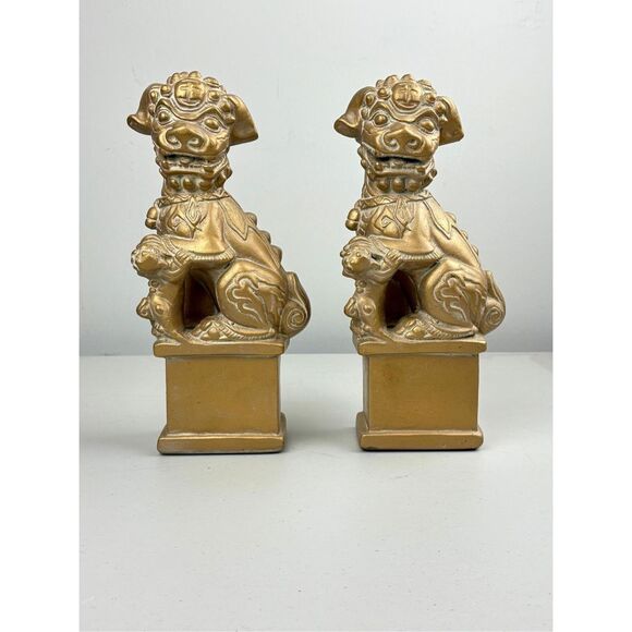 Pair of Chinese Foo Dog with Puppy 11in Gold Chalkware Figurines Statues - Picture 1 of 6
